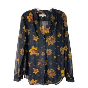 Loft black yellow floral stripe metallic semi sheer popover top medium
